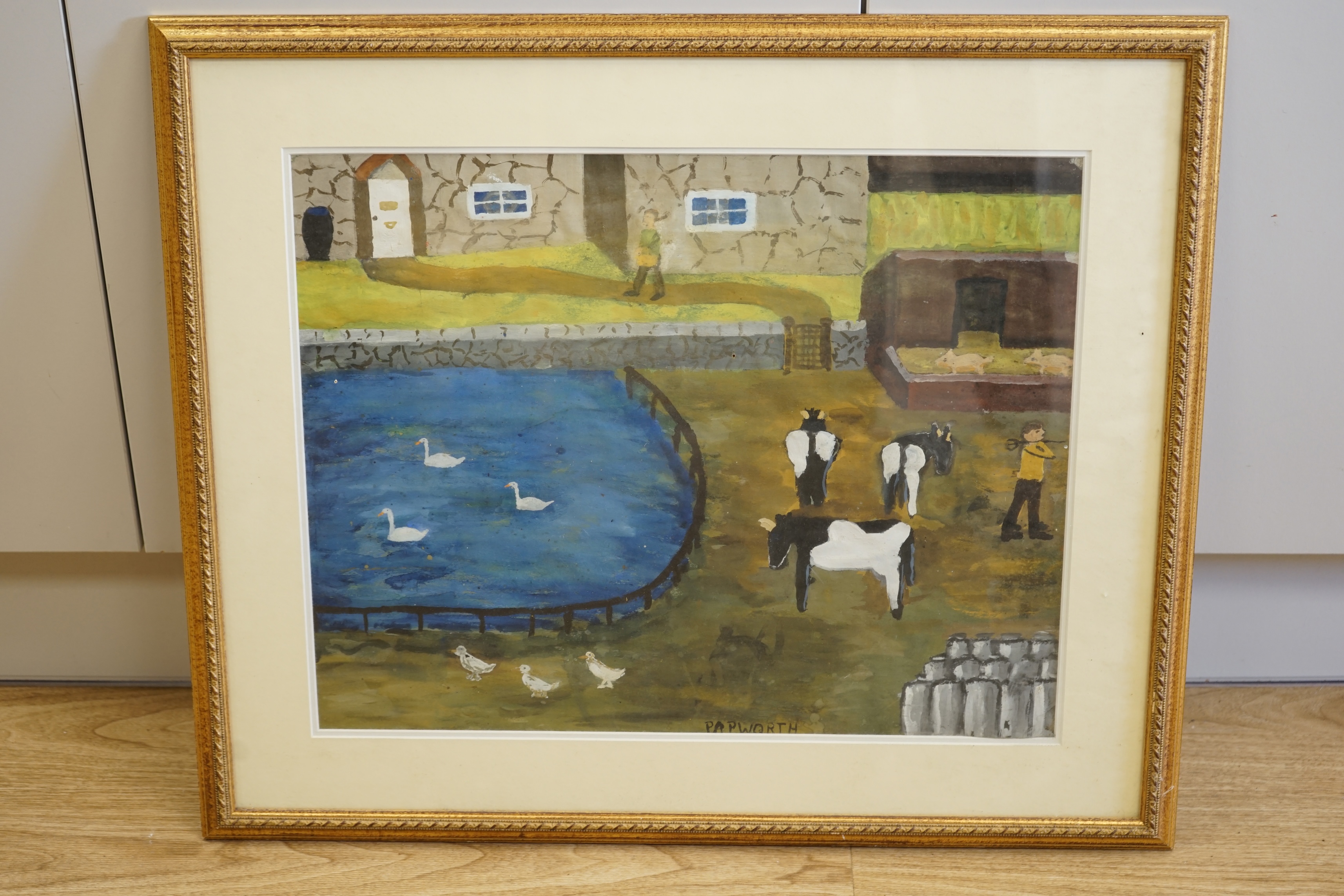 Papworth, mixed media and gouache, Naive farmyard scene, signed, 39 x 49cm. Condition - fair